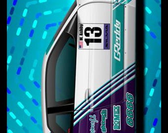 May include: A stylized image of a race car on a skateboard deck. The car is white, purple, and teal with sponsor logos and the number 13. The background is a blue gradient with a dotted pattern.