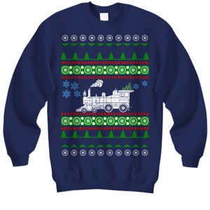 Tren de vapor feo suéter navideño jersey de Navidad locomotora ingeniero rieles carga transportista de gas motor personas constructor de modelos de cuello azul