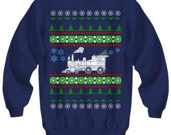 Steam Train Ugly Christmas Sweater xmas jumper locomotive engineer rails cargo gas hauler mover people blue collar model builder