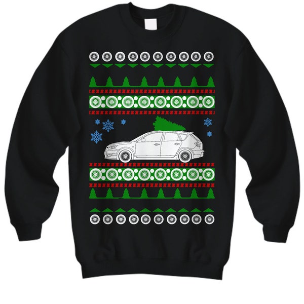 Mazda speed 3 Ugly Christmas Sweater Turbo-Charged Hot Hatch Xmas Gift Fast Car Holiday Sweatshirt mazdaspeed Car Holiday Party Apparel 2007