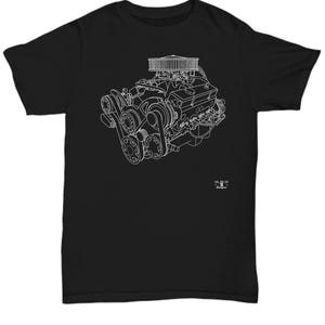 May include: Black t-shirt with a white outline of a car engine. The engine is detailed with belts, pulleys, and hoses. The text "The Big One" is printed on the bottom of the shirt.