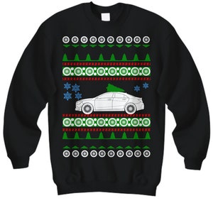 May include: Black Christmas sweater with a white car and a green Christmas tree. The sweater has a red and green pattern with white snowflakes.