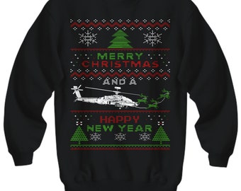 Apache Helicopter Ugly Christmas Sweater army armed forces marines navy air force vehicle military fighter apparel holiday shirt jumper