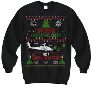 Apache Helicóptero Feo Navidad Suéter ejército fuerzas armadas marines marina fuerza aérea vehículo militar luchador ropa vacaciones camisa jumper v2