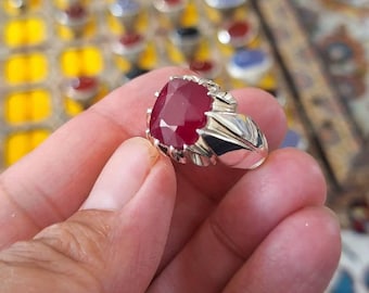 Handmade Silver Ring with Ruby Faceted Gemstone – Vintage Men’s Statement Ring, Handmade Ring