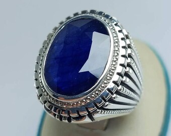 Vintage Blue Shappire Gemstone Ring, Oval Cut Statement Ring, Silver Ornate Ring, Bold Jewelry, Classic Heirloom Style