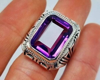 Natural Amethyst Gemstone Statement Ring, Emerald Cut Amethyst Ring, Silver Vintage Ring, Bold Cocktail Ring,  Jewelry