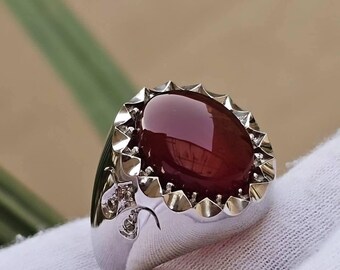 Bold Red Agate Ring in Sterling Silver | Large Oval Cabochon Statement Ring | Handmade Men’s Ring | Vintage Inspired Silver Jewelry Aqeeq