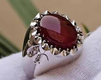 925 Sterling Silver Ring with Red Agate Gemstone – Vintage Crown Bezel Design – Handmade Ottoman Style Men’s Jewelry