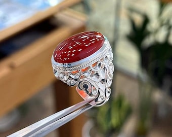 925 Sterling Silver Red Onyx Ring for Men – Handmade Vintage Ottoman Filigree Design – Oval Gemstone Bold Statement Ring – Turkish Artisan J