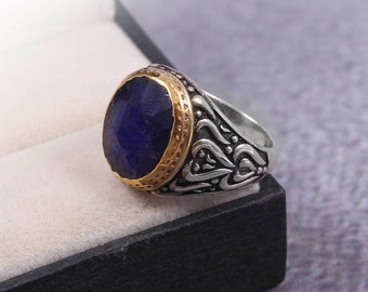 Oval Sapphire Sterling Silver Ring - Handmade Two-Tone Design