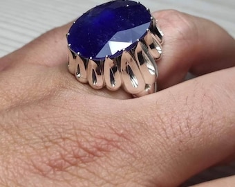 Blue Sapphire Statement Ring – Large Oval Gemstone Ring – Sterling Silver Wide Band Ring – Bold Sculptural Ring – Unique Artisan Jewelry