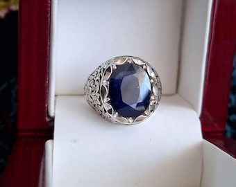 Vintage Style Blue Sapphire Ring, Sterling Silver Statement Ring, Handmade Floral Engraved Band, Men’s Signet Ring, Gift for Him