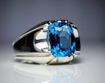Blue Topaz Gemstone Signet Ring, Cushion Cut Statement Ring, Silver Bold Ring, Mens Unisex Jewelry, Modern Minimalist Ring