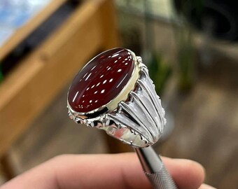 Men’s Red Agate Ring, Large Oval Stone Silver Ring, Statement Signet Ring, Handmade Jewelry, Gift for Him, two tune ring