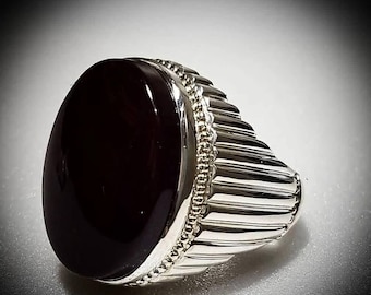 Black Onyx Signet Ring – Sterling Silver Statement Ring – Bold Oval Cabochon Ring – Men’s Vintage Style Ring – Gothic Minimal Jewelry Aqeeq