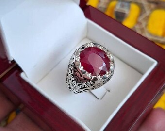 925 Sterling Silver Ring with Red Ruby-Look Gemstone – Vintage Floral Engraved Ottoman Style – Handmade Men’s Jewelry