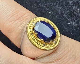 Vintage Style Gold Ring with Deep Blue Sapphire Stone – Oval Statement Ring – Antique Inspired Jewelry – Gift for Her