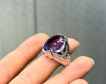 Handmade Purple Amethyst Silver Ring | Luxury Men’s Statement Ring | Islamic Ottoman Jewelry | Gift for Him