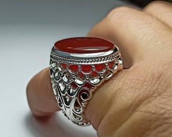 Large Red Agate Ring – Handmade Sterling Silver Statement Ring – Vintage Style Ornate Filigree – Men’s or Unisex Jewelry – Bold Artisan
