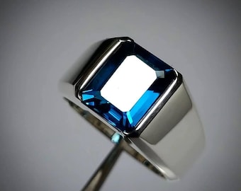 Blue Topaz Ring – Sterling Silver Signet Ring – Emerald Cut Blue Stone – Men’s Minimalist Ring – Modern Statement Jewelry