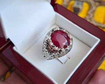 Handcrafted Sterling Silver Ring with Red Ruby Gemstone | Vintage Style Statement Ring | Ornate Floral Engraving | Men’s or Unisex Jewelry