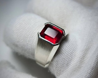 Men’s Ruby Signet Ring – Sterling Silver Statement Ring – Emerald Cut Ruby Gemstone – Minimalist Modern Jewelry – Gift for Him