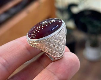 Handcrafted Sterling Silver Men’s Red Agate Ring | Oval Carnelian Ring | Vintage Style Statement Jewelry Aqeeq Ring
