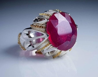 Ruby Red Statement Ring – Sterling Silver & Gold Accent Ring – Large Oval Faceted Gemstone – Vintage Style Cocktail Ring – Bold Handmade Jew
