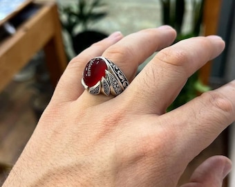 Handcrafted Red Agate Ring – Sterling Silver Statement Ring – Vintage Style Men’s Ring – Ornate Engraved Band