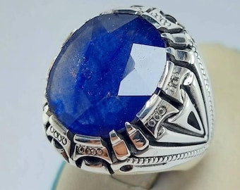 Large Blue Sapphire Ring, Statement Silver Ring, Handmade Vintage Style Ring, Oval Faceted Blue Gemstone, Gothic Artisan Jewelry,