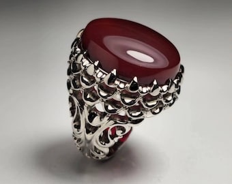 Red Agate Statement Ring – Sterling Silver Filigree Ring – Large Oval Cabochon Gemstone – Vintage Style Cocktail Ring – Bold Handmade Jewels