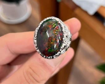 Large Black Opal Ring, Statement Opal Ring, Vintage Style Silver Ring, Multicolor Fire Opal, Bold Handmade Jewelry, Unique Gift