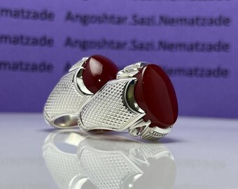 Men’s Red Agate Gemstone Ring Silver, Large Oval Stone Ring, Statement Signet Ring, Gift for Him, Handmade Jewelry
