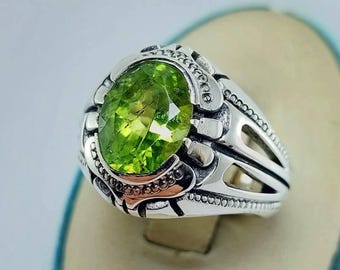Green Peridot Ring Sterling Silver, Oval Gemstone Ring, Vintage Style Statement Ring, August Birthstone Jewelry, Handmade Silver Ring