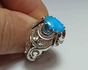 Turquoise Statement Ring – Sterling Silver Filigree Ring – Oval Blue Cabochon Gemstone – Vintage Style Boho Ring – Handmade Silver Jewelry
