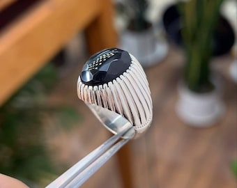 Dainty Black Agate Ring, 925 Sterling Silver Ring, Aqeeq Ring, Handmade Ring