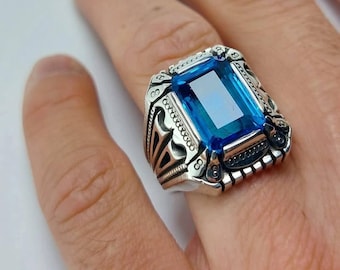Blue Topaz Gemstone Signet Ring, Emerald Cut Statement Ring, Silver Bold Ring, Mens Unisex Jewelry, Modern Minimalist Ring