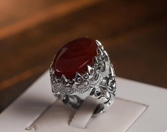 Vintage-Inspired Red Agate Stone Statement Ring – Ornate Silver Setting. Natural Gemstone Aqeeq Ring