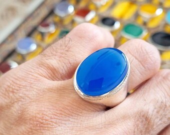 Blue Onyx Ring, Handmade Silver Ring, Oval Cabochon Aqeeq Gemstone Ring, Men’s Statement Ring, Minimalist Jewelry, Gift for Him