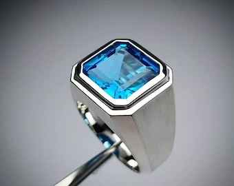 Blue Topaz Signet Ring – Sterling Silver Geometric Ring – Octagon Cut Blue Stone – Modern Men’s Ring – Minimalist Statement Jewelry
