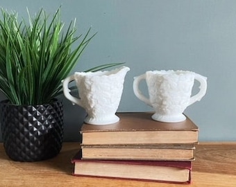 Westmoreland Glass Sugar and Creamer Set Bramble Leaves White Milk Glass