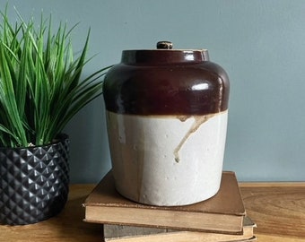 Vintage Stoneware Crock Two Toned Farmhouse Crock with Lid