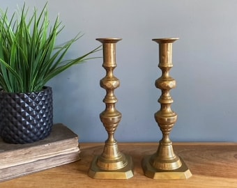 Pair Tall Vintage Brass Candlesticks Candle Holders Hostess Gift Idea