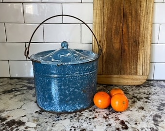 Blue and White Speckled Enamelware Pot with Lid Vintage Enamel