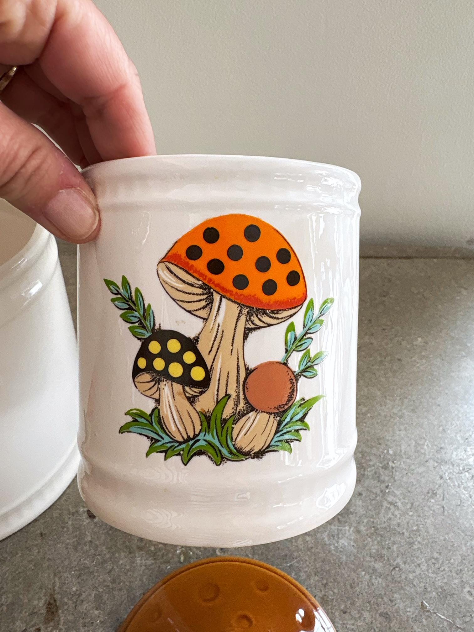 シアーズマッシュルームキャニスターセット Vintage 1970's Sears Merry Mushroom 3 Piece 2 Sided Canister Set