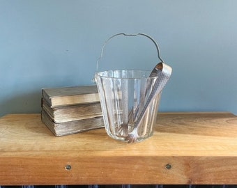 Vintage Glass Ice Bucket with Tongs Barware Serviceware Glassware Hostess Gift Idea