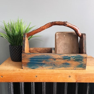Blue Wooden Tool Box with Partition Reclaimed Wood Toolbox Utensil Holder