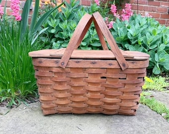 Vintage Wood Lidded Picnic Basket