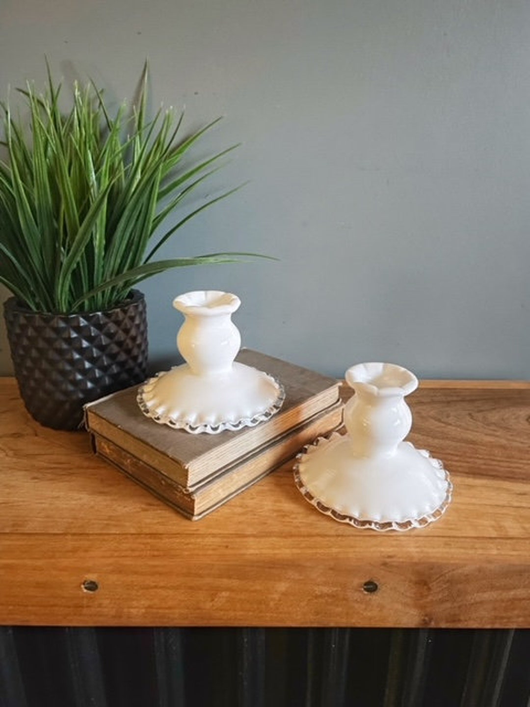 Vintage White Milk Glass Candle Holders Pair Taper Candlesticks Etsy
